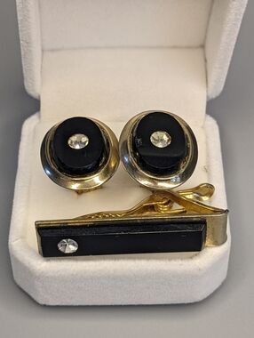 Vintage Gold Tone Black Enamel Cufflinks And Tie Bar Set Mid Century Mens